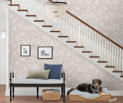 Beige Floral Peel and Stick Wallpaper William Morris Contact Paper (Beige / 17.3" x 78.7")