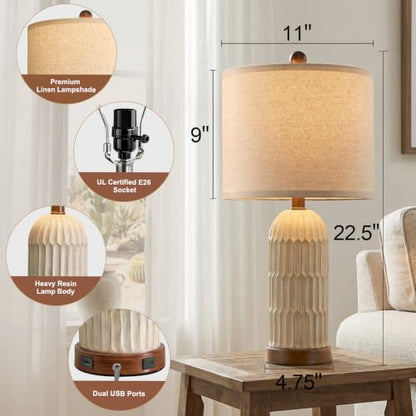 Table Lamp Set of 2 for Bedroom Living Room with USB A+C Charging Ports Modern Farmhouse Bedside End Lamps Rustic Nightstand Lamps
