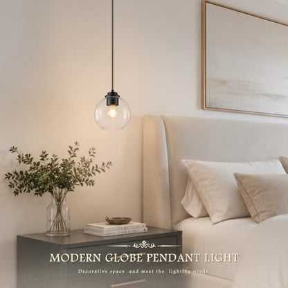 6" Black Globe Pendant Light Ribbed Glass Pendant Lights Kitchen Island Height Adjustable Mid