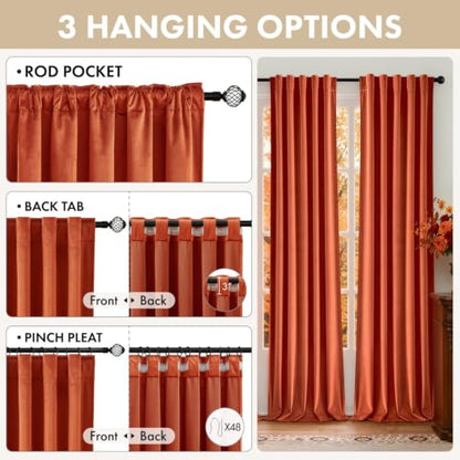 Fall Burnt Orange Velvet Curtains 4 Panels Set Back Tab 40" x 96" (Burnt Orange / 40"W x 96"L (Pack of 4))