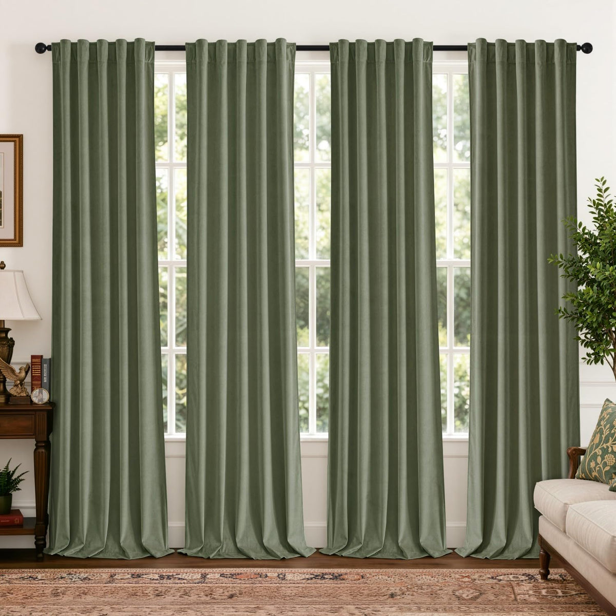 Sage Green Velvet Curtains 4 Panels Set Back Tab 40x108 Inch Long (Sage Green / 40"W x 108"L (Pack of 4))