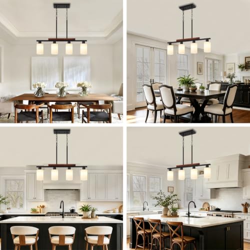 Farmhouse Island Lights for Kitchen Black Dining Room Light Fixtures Over Table with White Shade Wood Linear Chandelier Lighting with Adjustable for Kitchen Island Dining Room