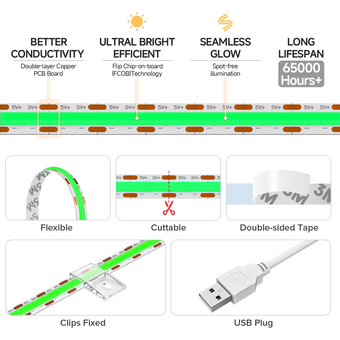 FCOB 5V USB Powered Green Color COB LED Strip Lights for TV (Green / 9.8FT)