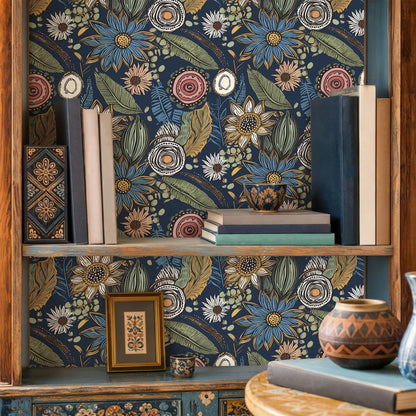 Vintage Dark Blue Boho Floral Peel and Stick Wallpaper 17.4"x78.8" (Blue with Pink / 17.4" x 78.8")