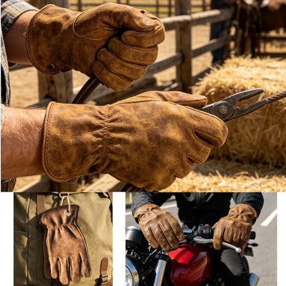 Premium Brown Retro Cowhide Leather Work Gloves Tie
