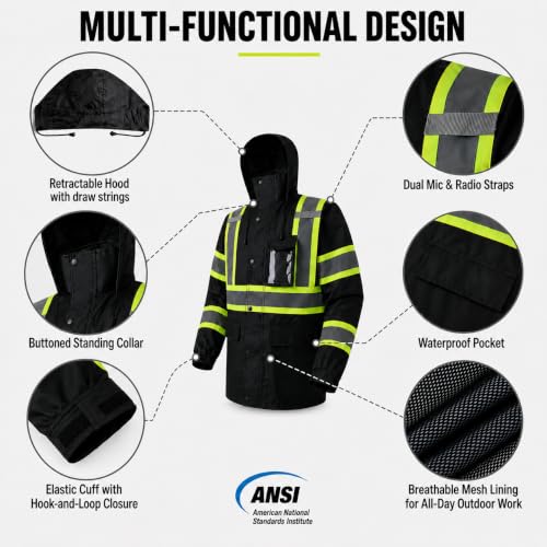 Rain Jacket Men Hi Vis Rain Coats Reflective Raincoat High Visibility Work Suits for Men Women Waterproof （RS250 (Large / Black)