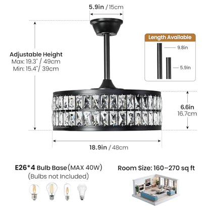 Caged Ceiling Fan with Lights and Remote 20 Inch Gold Crystal Fandelier Ceiling Fan Modern Farmhouse Chandelier Fan Light