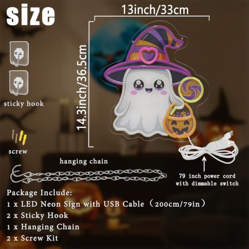 Halloween Ghost Neon Sign Dimmable Cute Witch Hat Ghost Led Neon Light (Colorful-Witch)