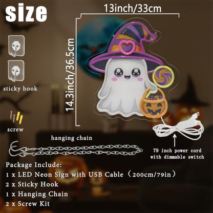 Halloween Ghost Neon Sign Dimmable Cute Witch Hat Ghost Led Neon Light (Colorful-Witch)