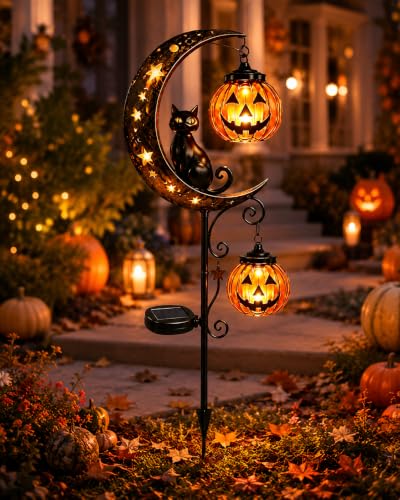 Halloween Garden Decorations Solar Cat Garden Lights Stake Outdoor Lantern Pumpkin Moon Yard Black Cat Waterproof Night Decor Holiday Jack Star LED Pathway Lawn Porch