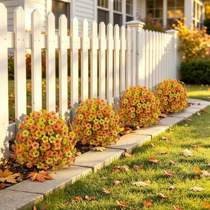 2Pcs Artificial Fall Topiary Ball Flowers for Outdoors (Orange Yellow)