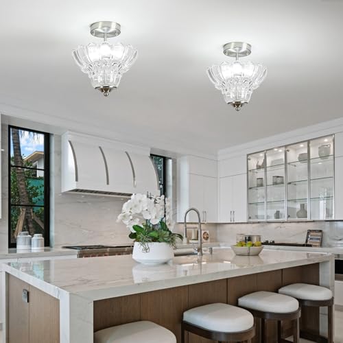 Semi Flush Mount Light with Floral Shade