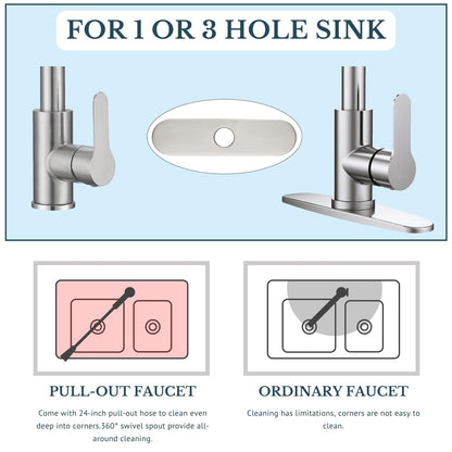 Kitchen Faucet with Pull Down Sprayer SUS304 Stainless Steel Waterfall Kitchen Sink Faucet 4 Functions Brushed Nickel Pull Out Kitchen Sink Faucets Utility Rv for 1 or 3 Hole Sink (4 Function Kitchen Faucet-Brushed Nickel)
