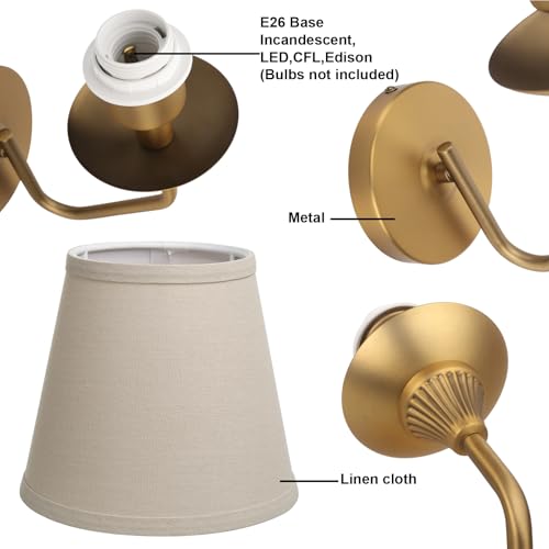 Set of 2 Antique Brass Pipe Curved Stem Funnel Fabric Lampshade Wall Sconce