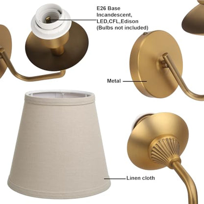 Set of 2 Antique Brass Pipe Curved Stem Funnel Fabric Lampshade Wall Sconce