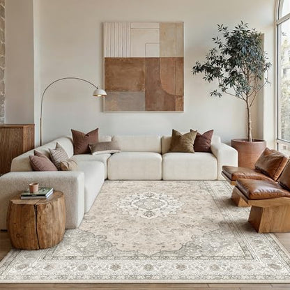 5x7 Washable Area Rug Beige Brown Non Slip Vintage Carpet (Vintage | Beige Brown / 5' x 7' (Rectangular))