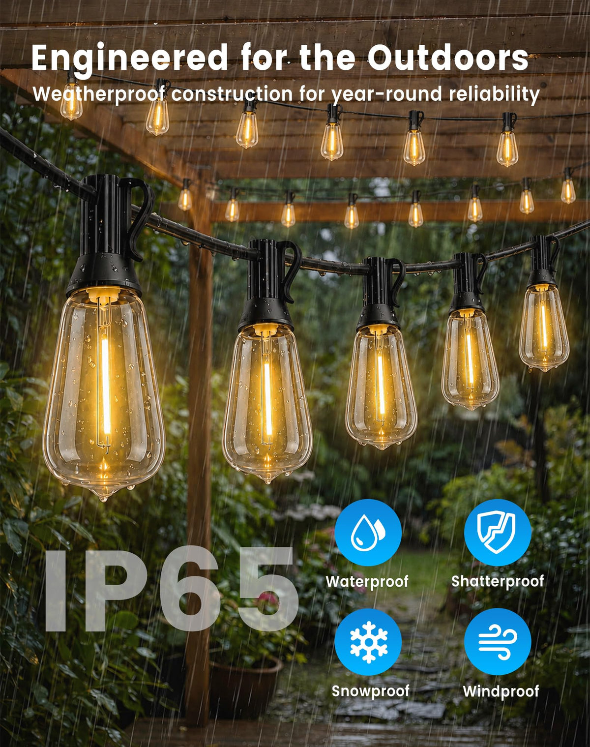 30FT(24+6) String Lights Outdoor, 2FT Bulb Spacing, Waterproof Shatterproof Warm White ST38 LED Edison Bulbs, Extension Cord, Plug in Connectable Hanging Patio Lights for Outside, Backyard (24+6FT(12 Sockets))