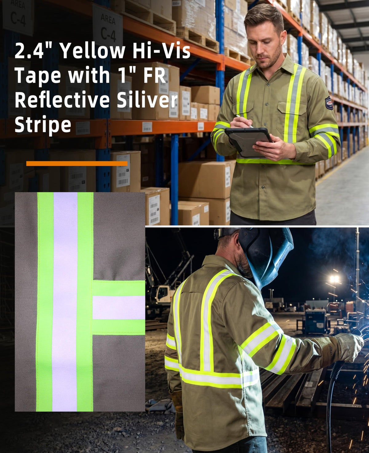 Vented FR High Vis Shirts Reflective Pearl Snaps Summer Work Safety (X-Large Tall / Khaki)