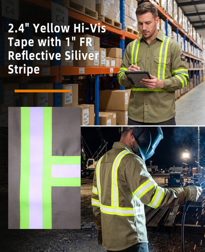 Vented FR High Vis Shirts Reflective Pearl Snaps Summer Work Safety (X-Large Tall / Khaki)