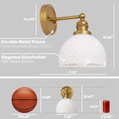 Brass Wall Sconce Vintage Milk White Glass Vanity Light Hardwired Gold Wall Mounted Lamp for Bathroom Mirror to Elevate Decor & Refresh Older Home’s Look E26