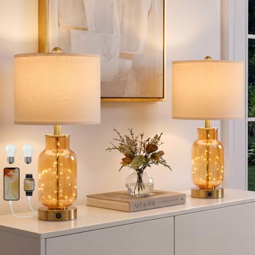 Glass Table Lamps Set of 2 with Nightlight for Bedroom