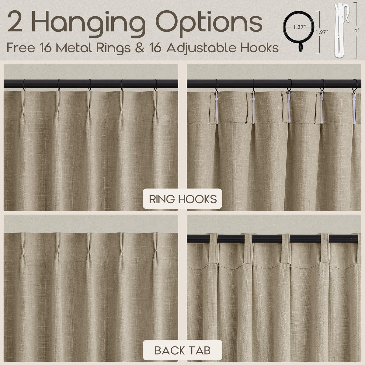 Oatmeal Thick Linen Pinch Pleat Kitchen Curtains 24 Inches Long 2 Panels (Oatmeal / 40"W x 24"L (Pack of 2))