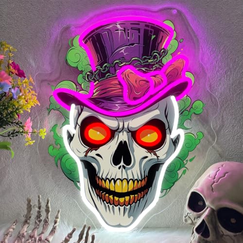 Halloween Skull Neon Sign UV Printed Dimmable Gothic Horror Red Eye Led Neon Light for Wall Decor USB Powered Cracked Skull Neon Light Up Sign for Game Room Man Cave Bar Halloween Party Present