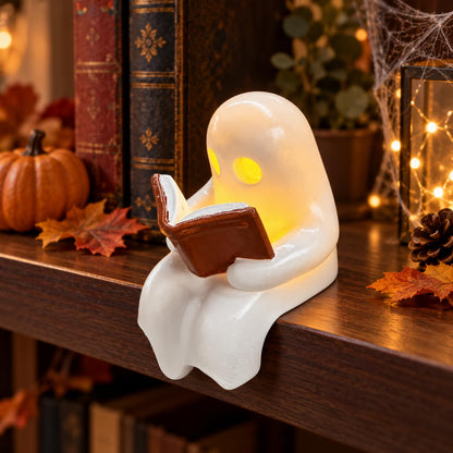 Halloween Ghost Figurine with Lamp Ghost Resin Cute Funny Ghost Reading Book Designs Mini Night Light Statue Halloween Tabletop Ornament Decoration for Gift Home Decor New Year's Gifts (Style 7)