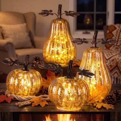 4 Pcs Glass Pumpkin Lighted Fall Thanksgiving Decor