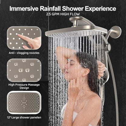 12 Inch High Pressure Rain Shower Head with Handheld Spray Combo (Brushed Nickel)