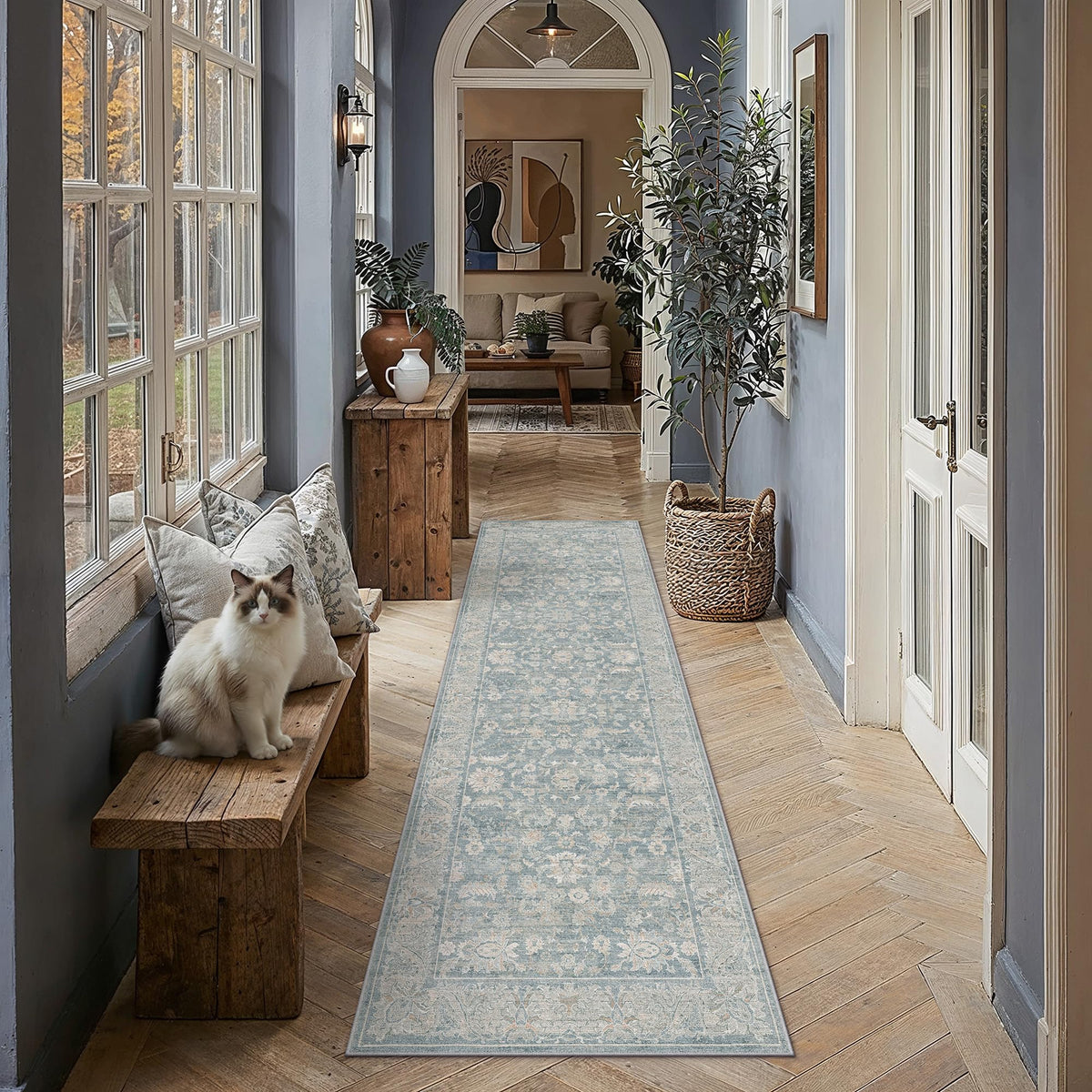2x8 Blue Washable Runner Rug Non Slip Retro Distressed Carpet (Distressed | Blue / 2' x 8' (Runner))