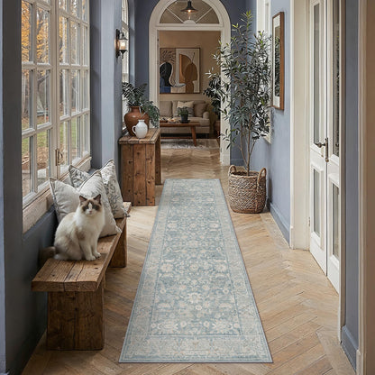 2x8 Blue Washable Runner Rug Non Slip Retro Distressed Carpet (Distressed | Blue / 2' x 8' (Runner))