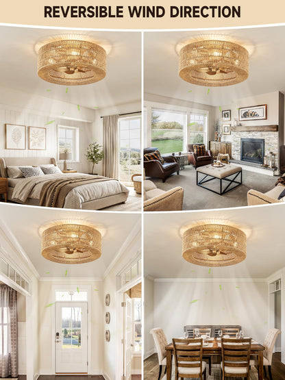 Rattan fandelier Ceiling Fans with Lights (Golden color 6)