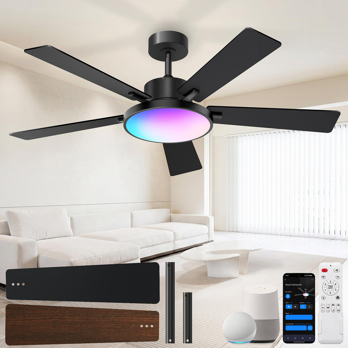 RGBCW Smart 52" 2600LM LED Ceiling Fan Light with Remote (Black +Walnut / 52 Inch)