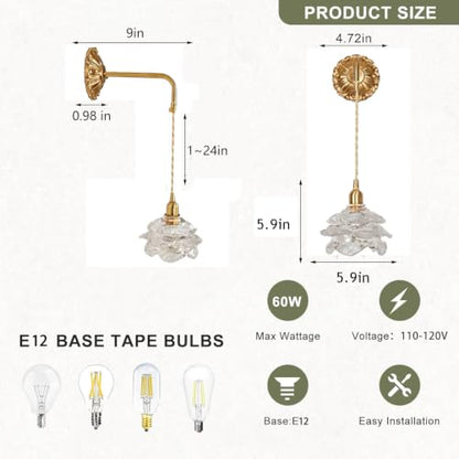 French Retro Floral Glass Wall Sconce with Pull Cord
