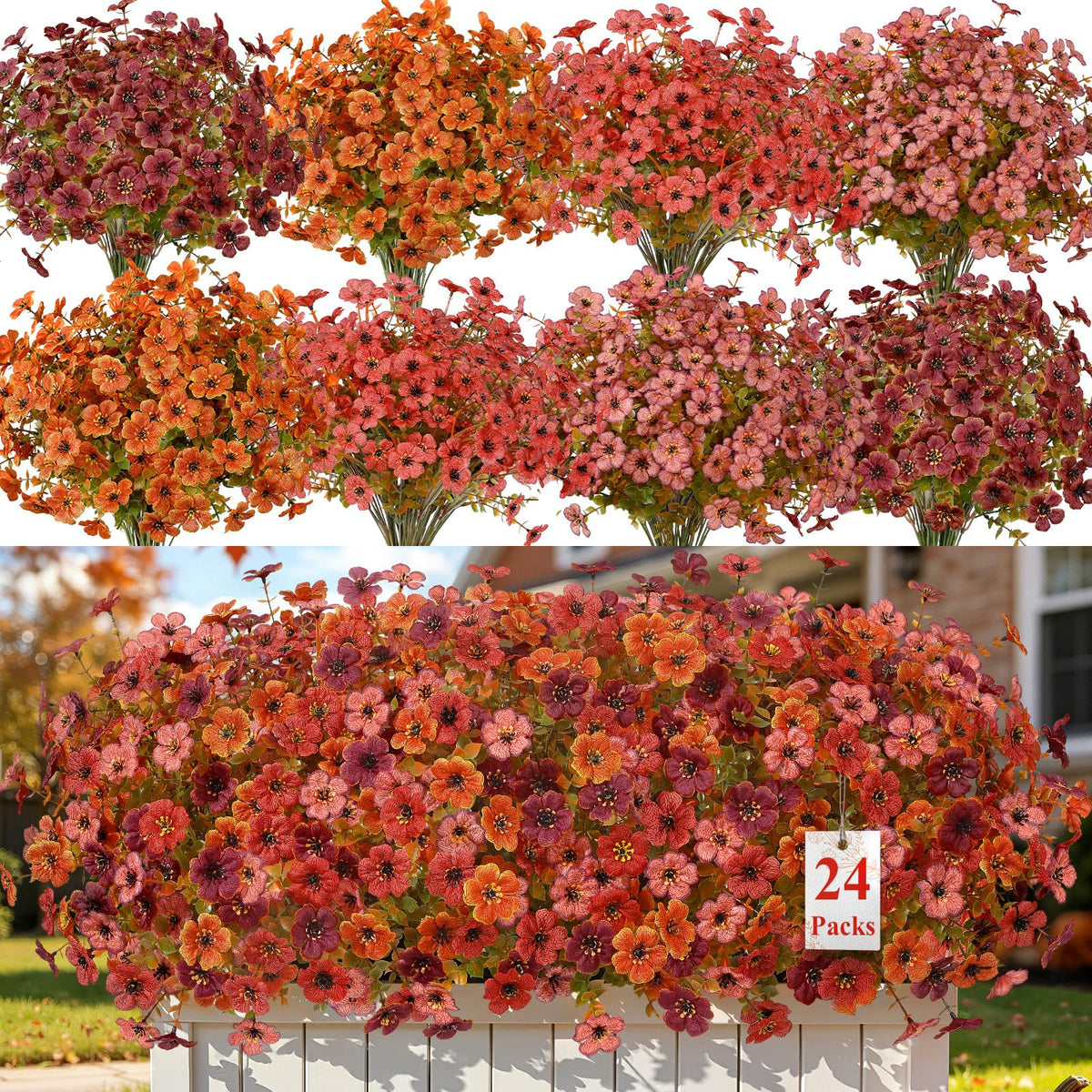 24 Bundles Artificial Fall Flowers (Orange Brown Red Pink)