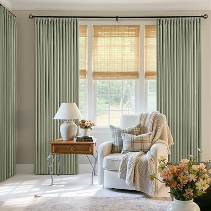 Sage Green Pinch Pleated 100% Blackout Linen Curtains 84 Inch 2 Panels Set (Sage Green / 50"W x 84"L (Pack of 2))