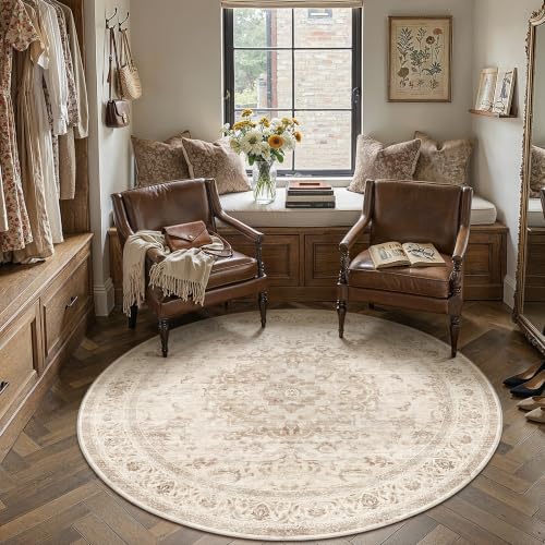 6R Beige Washable Round Rug Non Slip Vintage Carpet (Vintage | Beige / 6' (Round))