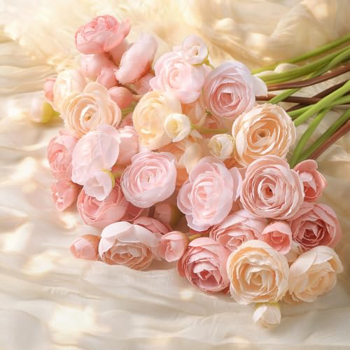 30Pcs Ranunculus Artificial Flowers Faux Silk Mini Flowers Indoor (Rose&cream&shabby Blush)