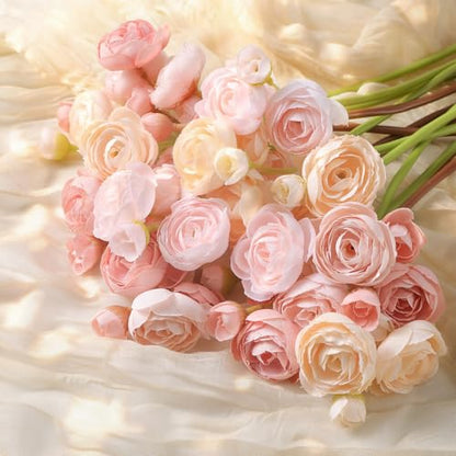 30Pcs Ranunculus Artificial Flowers Faux Silk Mini Flowers Indoor (Rose&cream&shabby Blush)