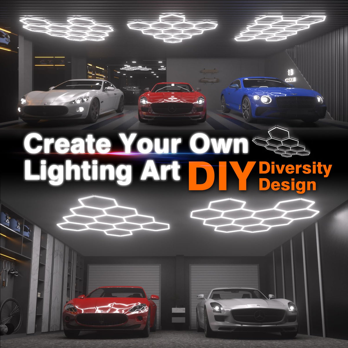 Dimmable Hexagon Garage Lights (11 HEX+NoBorder)