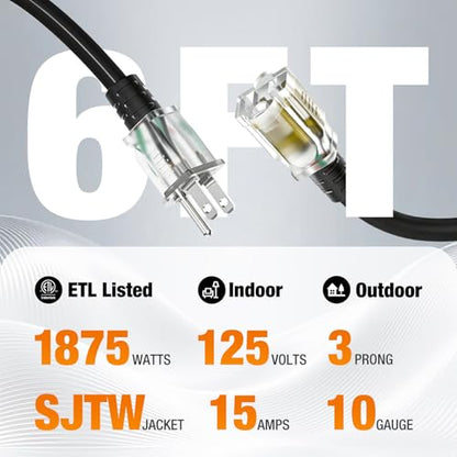 Outdoor Extension Cord 6 FT Waterproof