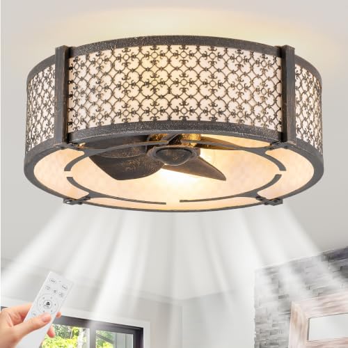 Boho Low Profile Flush Mount Fandelier Ceiling Fan with Light and Remote