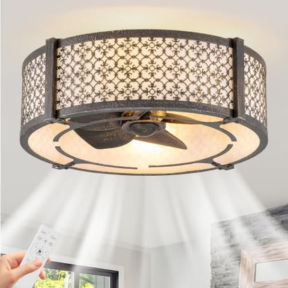 Boho Low Profile Flush Mount Fandelier Ceiling Fan with Light and Remote