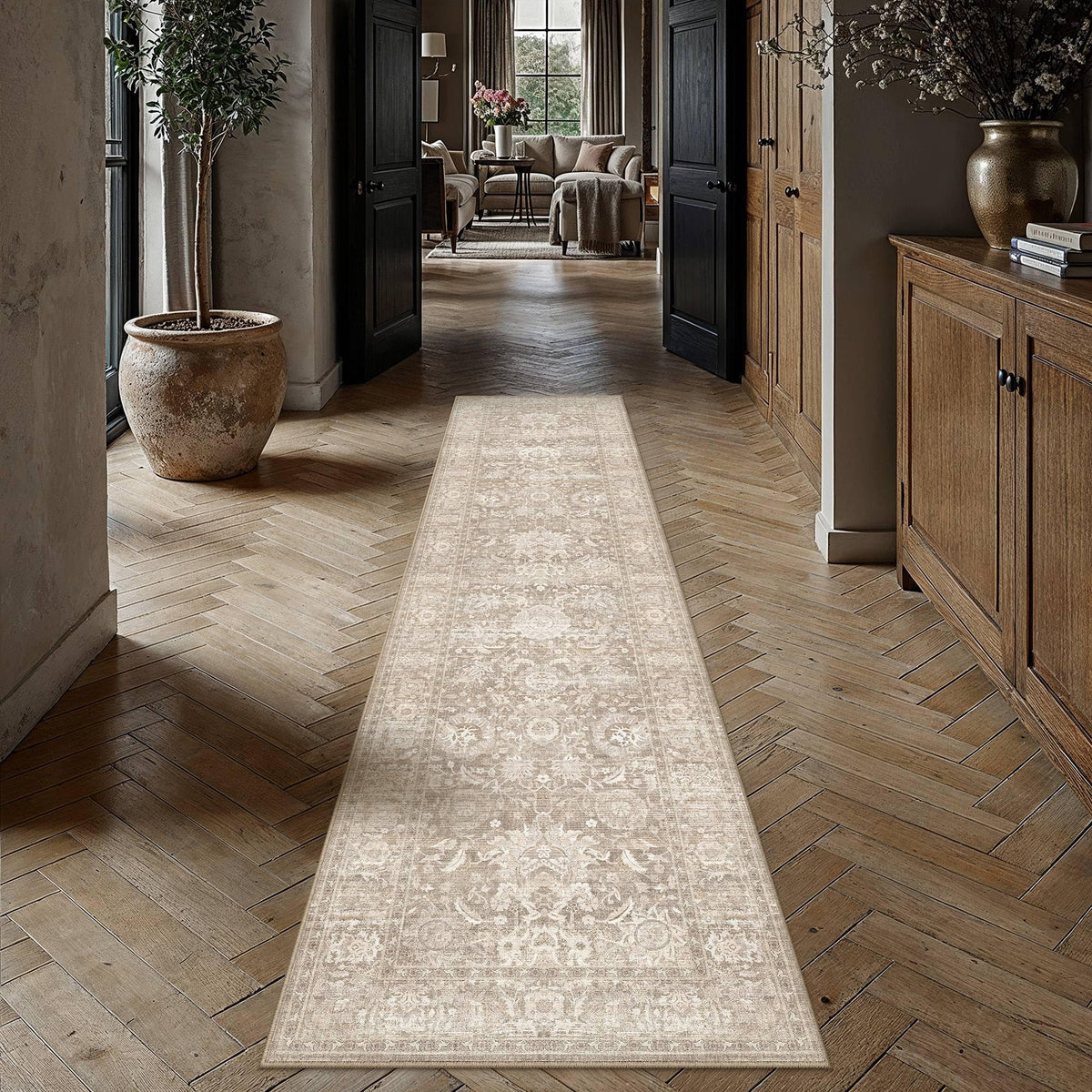 Hallway Runner Rugs 2x12 Beige Vintage Rug (Retro | Beige / 2' x 12' (Runner))