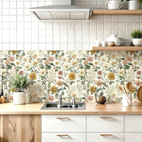 Floral Peel and Stick Wallpaper Vintage Floral Contact Paper Boho Flower Wallpaper Peel and Stick Removable Self Adhesive Wall Paper for Cabinets Bathroom Decorative Vinyl