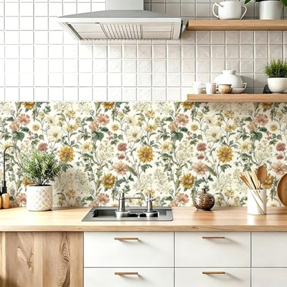 Floral Peel and Stick Wallpaper Vintage Floral Contact Paper Boho Flower Wallpaper Peel and Stick Removable Self Adhesive Wall Paper for Cabinets Bathroom Decorative Vinyl