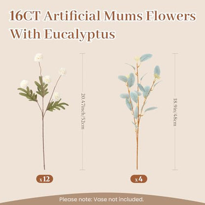 16Pcs Faux Silk Mums Artificial Flowers with Eucalyptus White (White)