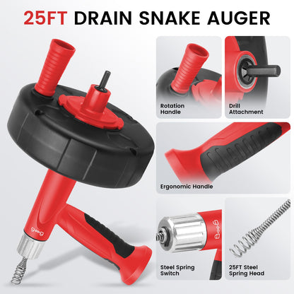 Drain Auger Plumbing Snake with Drill Adapter (Red)