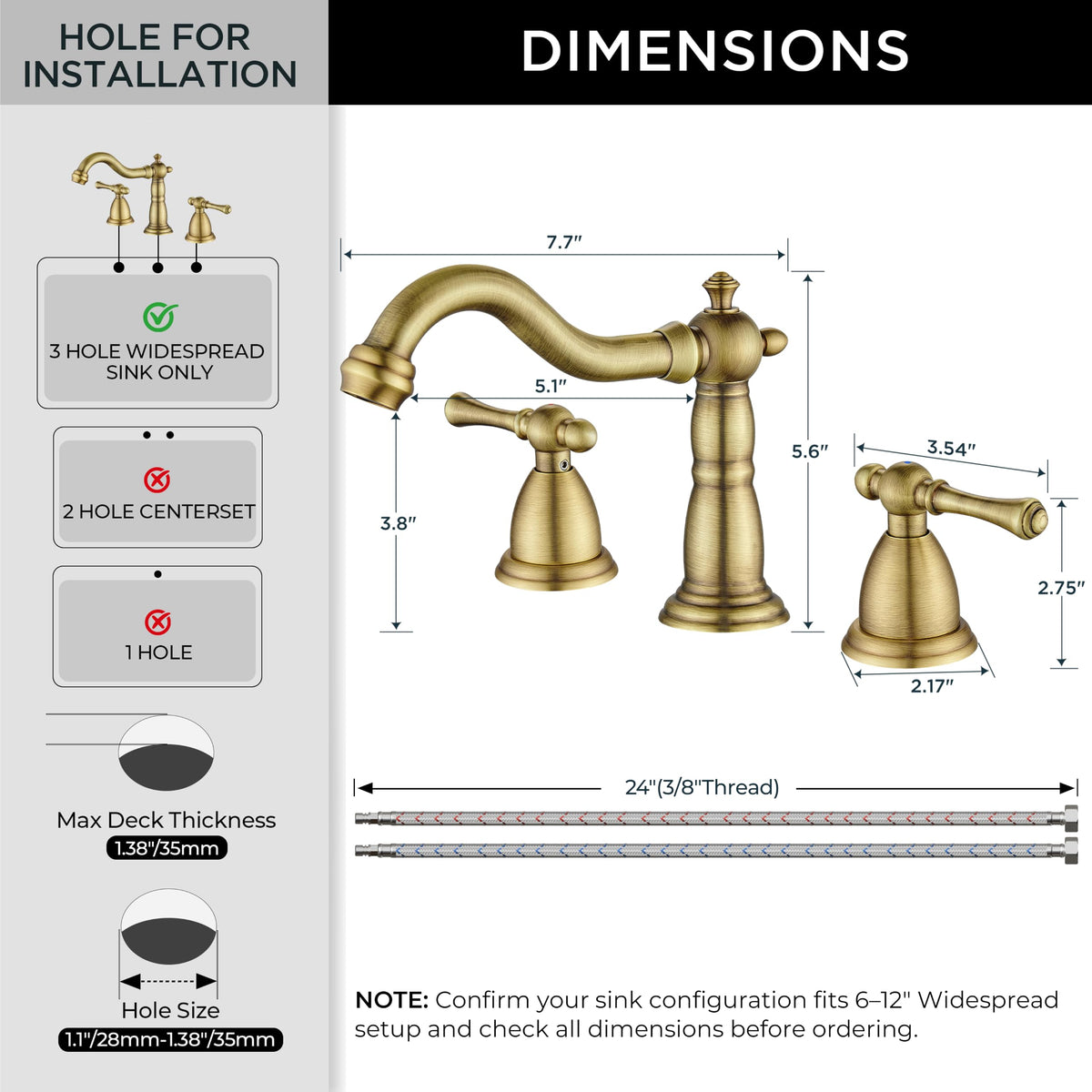 Bathroom Sink Faucet 3 Hole Vintage 8 inch Widespread Antique Brass (Antique Brass)